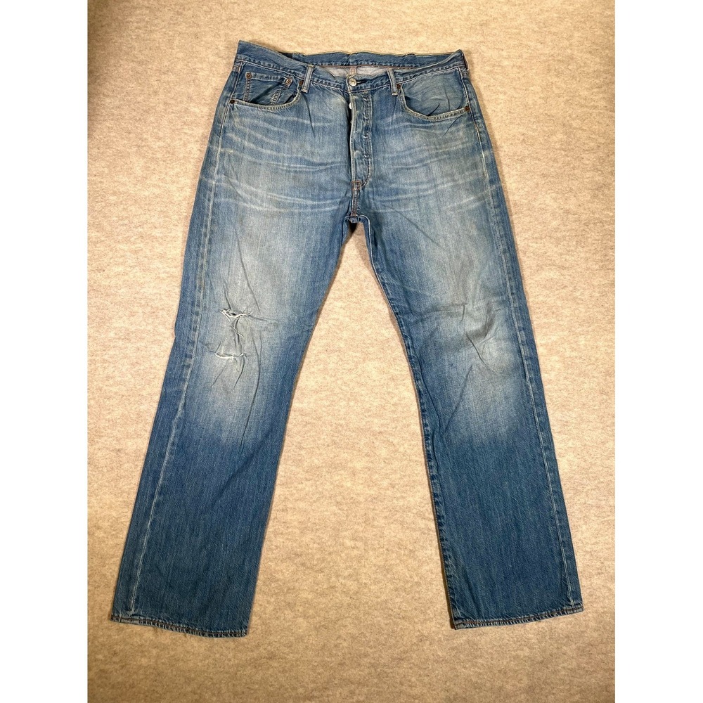 Levis 501 Original Fit Jeans Mens 38x32 Blue Denim Cotton Straight Leg High Rise